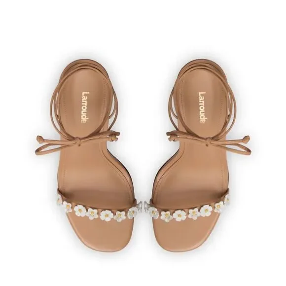 Larroude Goldie Sandals high heels shoes Tan Leather lace up flowers Sz 8.5 - Picture 3 of 15